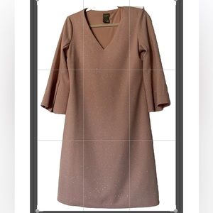 Taylor Blush Pink Textured Metallic V-neck Bell-sleeve Shift Dress 8 sparkles